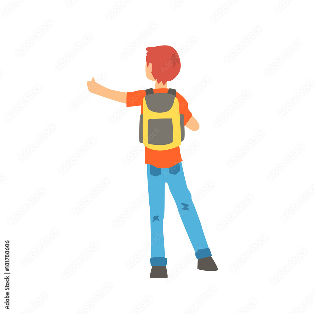 Young male hitchhiker traveling with backpack, man trying to stop a car on a highway by hand, back view, travelling by autostop cartoon vector Illustration