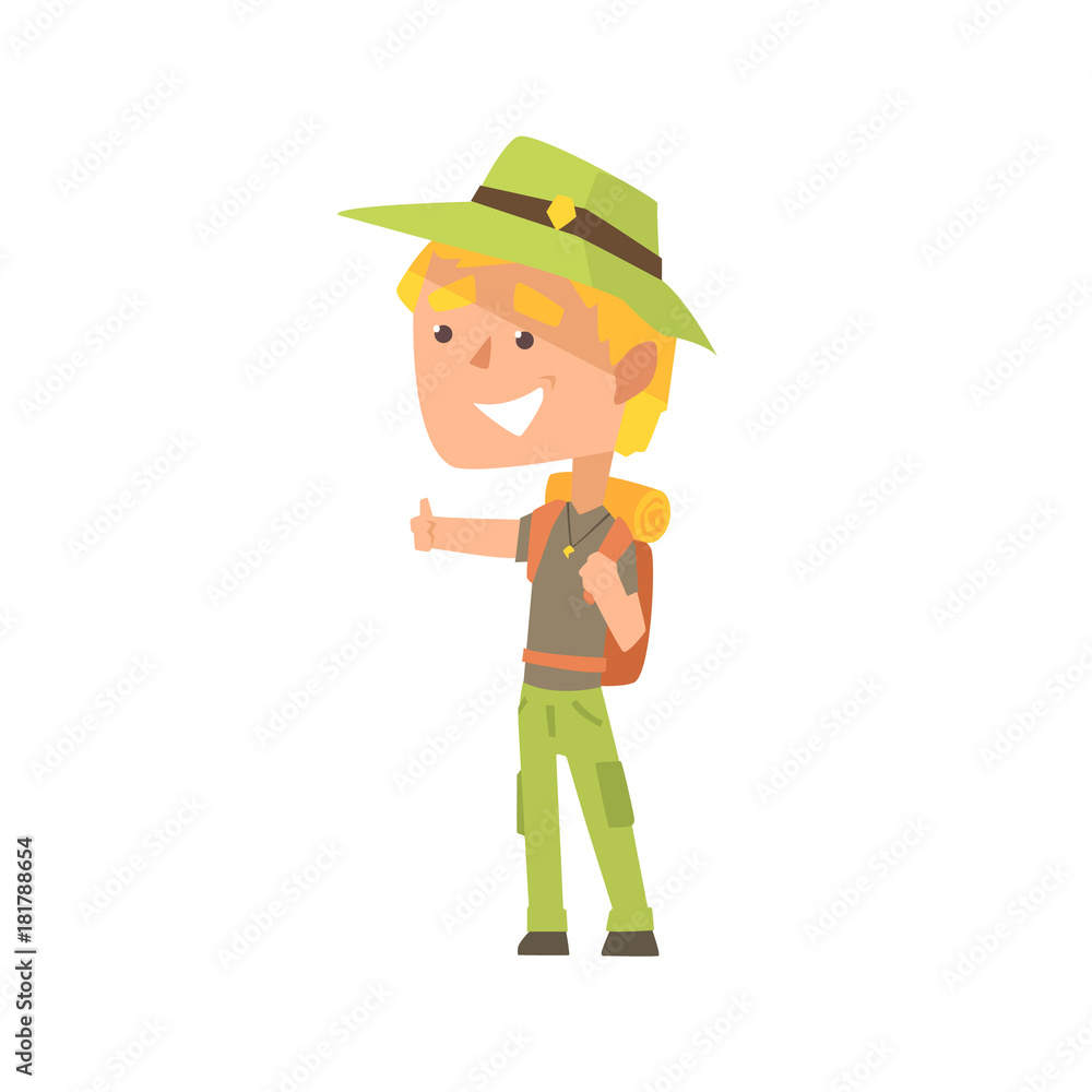 Cartoon male traveler hitchhiker with hat and backpack, man trying to stop a car on a highway by hand, travelling by autostop vector Illustration