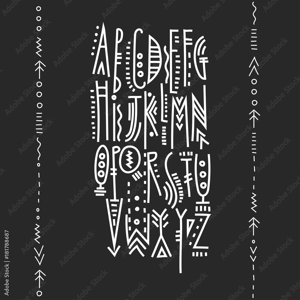 Vector trendy alphabet in ethnic thin line style. White  font composition on a black background.