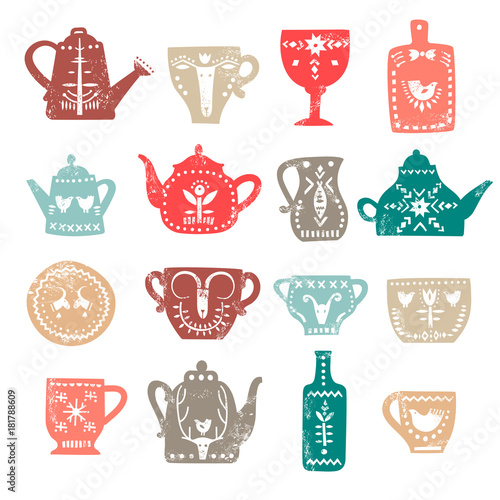 Vector set of stylish teapots and mugs with white folk patterns and textures. For the menu of tea cafe, packing, posters.