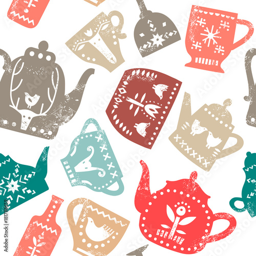 Vector seamless pattern of stylish teapots and mugs with white folk patterns and textures. For the menu of tea cafe, packing, posters.