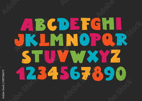 Vector uppercase colorful modern alphabet with numbers. Funny font on black background.