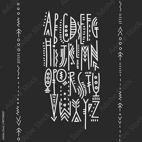 Vector trendy alphabet in ethnic thin line style. White  font composition on a black background.