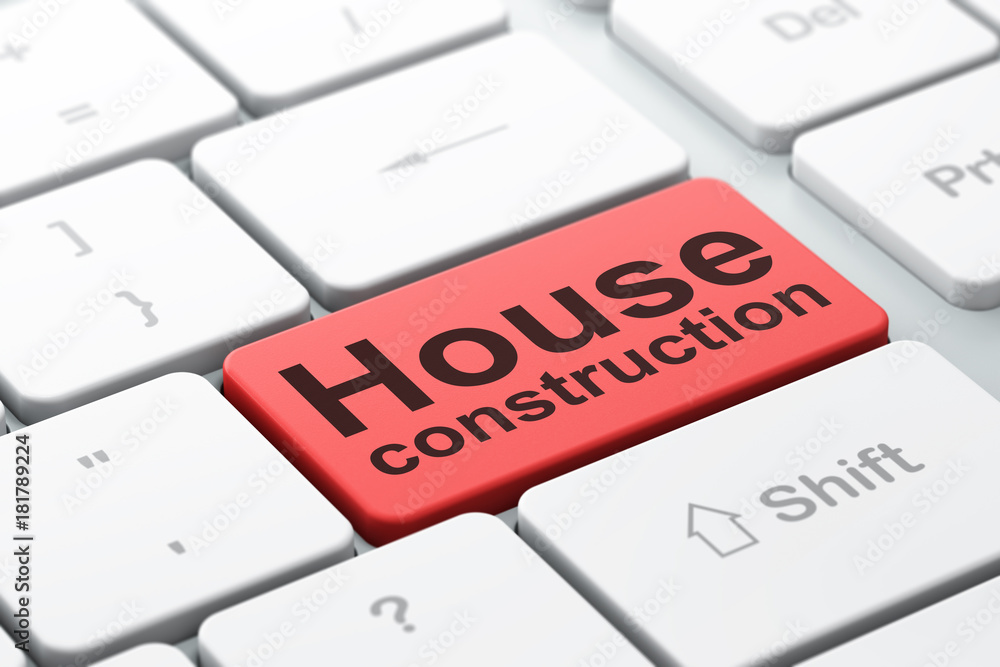 Constructing concept: computer keyboard with word House Construction, selected focus on enter button background, 3D rendering Constructing concept: computer keyboard with word House Construction, selected focus on enter button background, 3D rendering