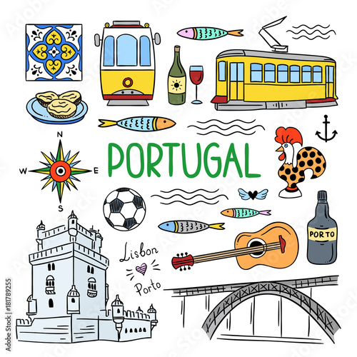Portugal hand drawn symbols. Visit Lisbon, Porto, Portugal concept. Outline color travel illustrations