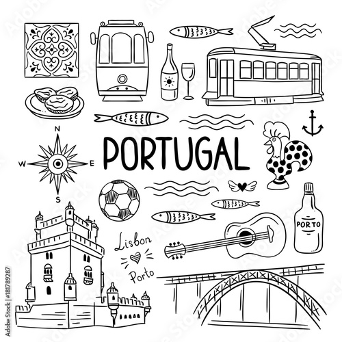 Portugal hand drawn symbols. Visit Lisbon, Porto, Portugal concept. Outline black and white travel illustrations