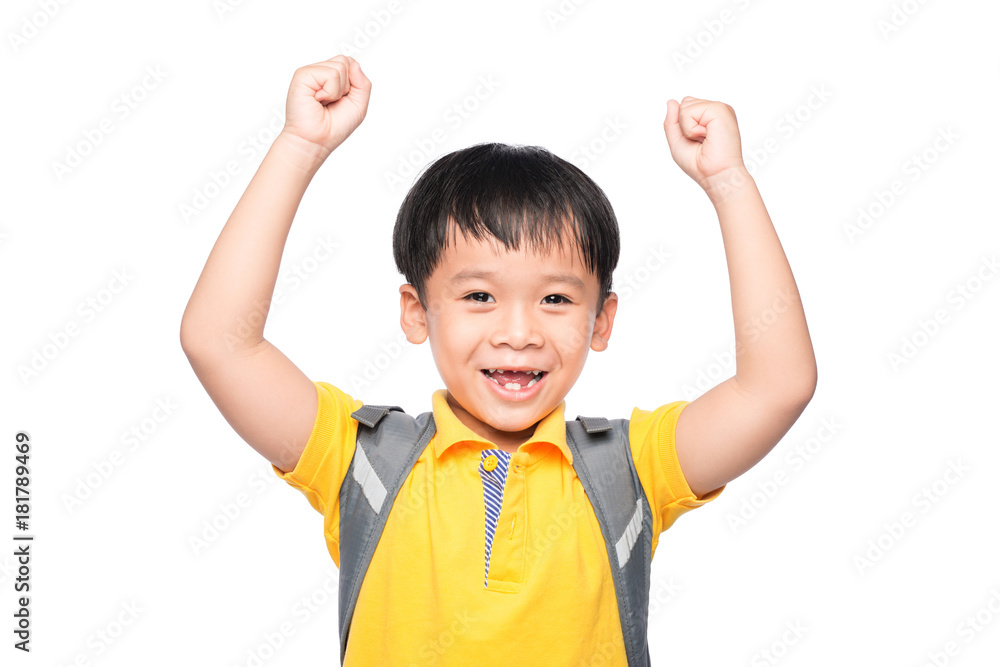 Education Concept.Young asian boy smile gesture hands ready to school Education Concept.Young asian boy smile gesture hands ready to school
