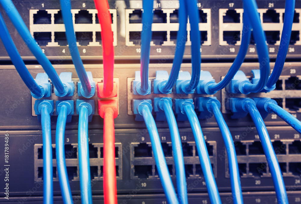 Network panel switch and internet cable in data center. Network panel switch and internet cable in data center.