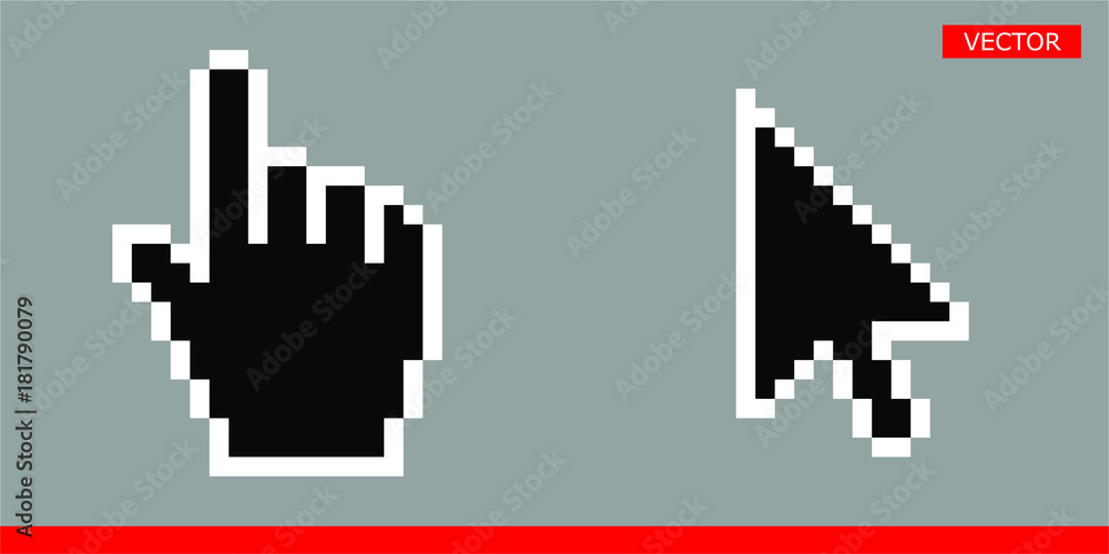 Arrow pixel cursor and pixel mouse hand cursor icon vector illustration set Arrow pixel cursor and pixel mouse hand cursor icon vector illustration set