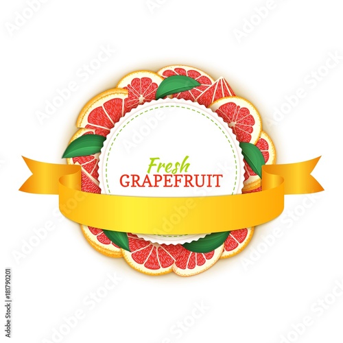 Round colored frame composed of grapefruit fruit and gold ribbon. Vector card illustration. Label citrus red pomelo frame and round banner for design of juice breakfast, cosmetics, tea, detox diet.