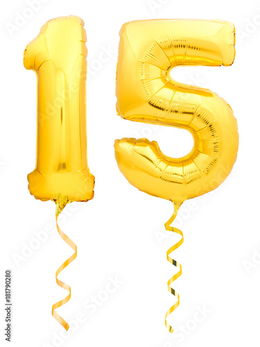 Golden number 15 fifteen made of inflatable balloon with ribbon isolated on white