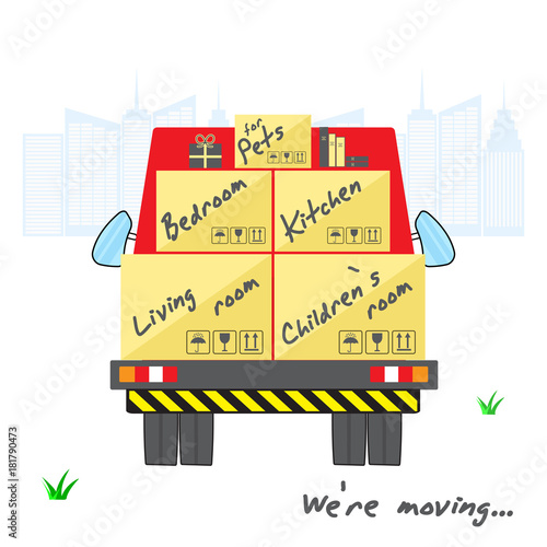 Transportation and home removal. Stylized house with boxes for moving on truck.  Red truck with cargo moving to the silhouette of the city. We're moving. Flat design. Vector illustration EPS10.
