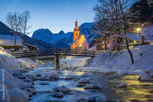 St. Sebastian Parish Church at night in winter at Berchtesgadener Land, Bavaria, Germany