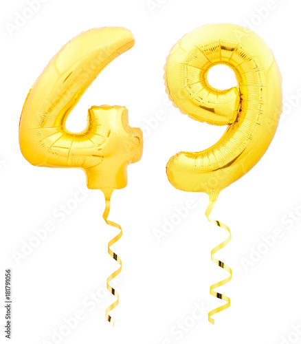 Golden number forty nine 49 made of inflatable balloon with ribbon on white photo
