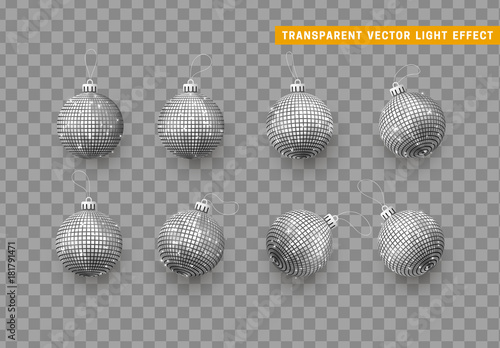 Christmas balls and bauble silver color. Xmas monochrome ornament glowing decoration elements. New Years small showy glittering decor. Object isolated a background with transparent effect.