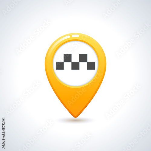 Vector taxi icon. Map pin with taxi checks sign.