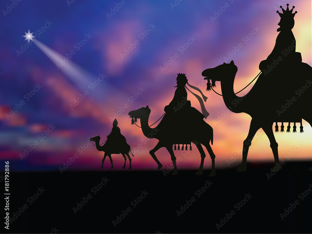 Vetor de Three wise men following the star to baby Jesus. EPS 10 vector ...
