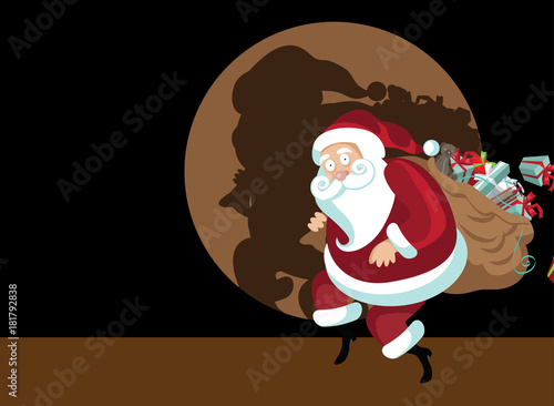 Cartoon Santa Claus caught red handed in the spotlight while delivering Christmas gifts. EPS 10 vector illustration.