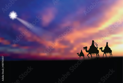 
Three wise men following the star to baby Jesus. EPS 10 vector illustration.