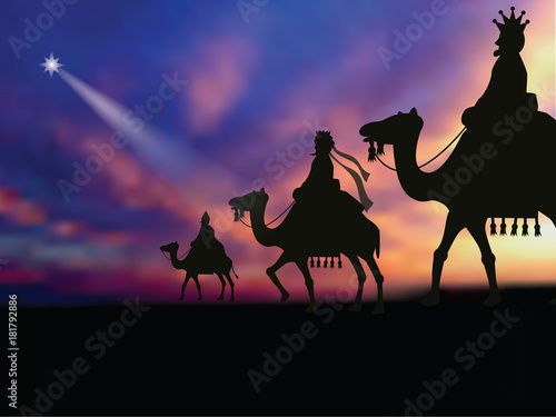   Three wise men following the star to baby Jesus. EPS 10 vector illustration.