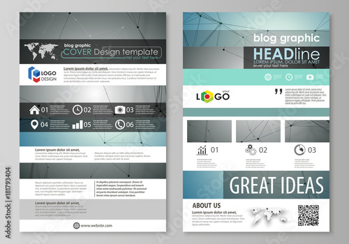 Blog graphic business templates. Page website design template, abstract vector layout. Geometric background, connected line and dots. Molecular structure. Scientific, medical, technology concept.