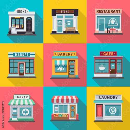 Set of flat shop building facades icons. Vector illustration for local market store house design