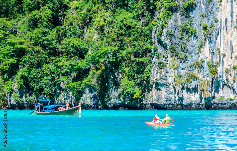 Kayak boat in MAYA Bay Phi Phi Islands Andaman sea Krabi Thailand.
