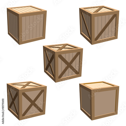 Wooden box set. Isolated on white background. 3d Vector illustration.