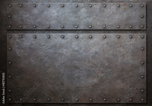 two metal panels with rivets metal background 3d illustration