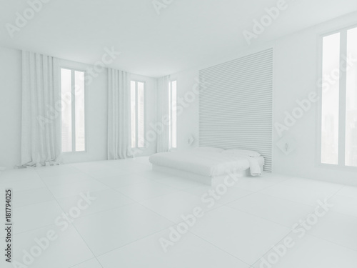 White  bedroom interior with bed and windows 