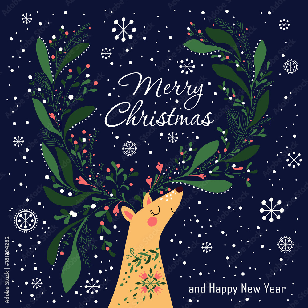 Christmas illustration with cute deer wearing Christmas garland and snowflakes. Holiday greetings card design. Vector illustration.