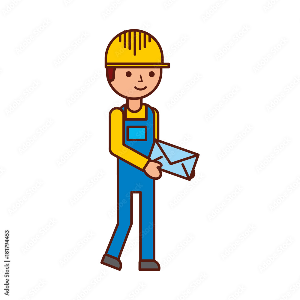 delivery man standing and holding envelope courier in uniform at work character vector illustration delivery man standing and holding envelope courier in uniform at work character vector illustration