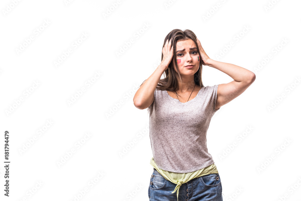 Portugal lose. Unhappy and Failure of goal or lose game emotions of Portugal football fan in game supporting of Portugal national team on white background. Football fans concept. Portugal lose. Unhappy and Failure of goal or lose game emotions of Portugal football fan in game supporting of Portugal national team on white background. Football fans concept.