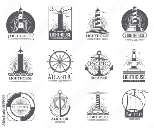 Vintage nautical labels with light house, sea boat and anchors. Old navy logos set