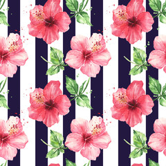 Fotobehang Hibiscus patronen Aquarel rode hibiscus zwarte strepen  © Mariia