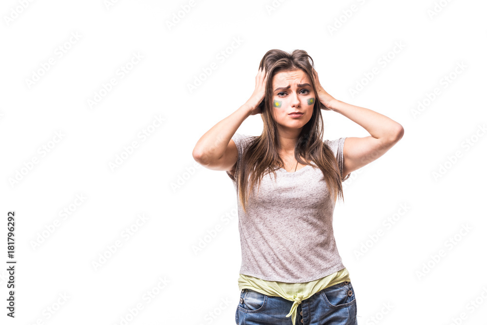 Brazil lose. Unhappy and Failure of goal or lose game emotions of Brazil football fan in game supporting of Brazil national team on white background. Football fans concept. Brazil lose. Unhappy and Failure of goal or lose game emotions of Brazil football fan in game supporting of Brazil national team on white background. Football fans concept.