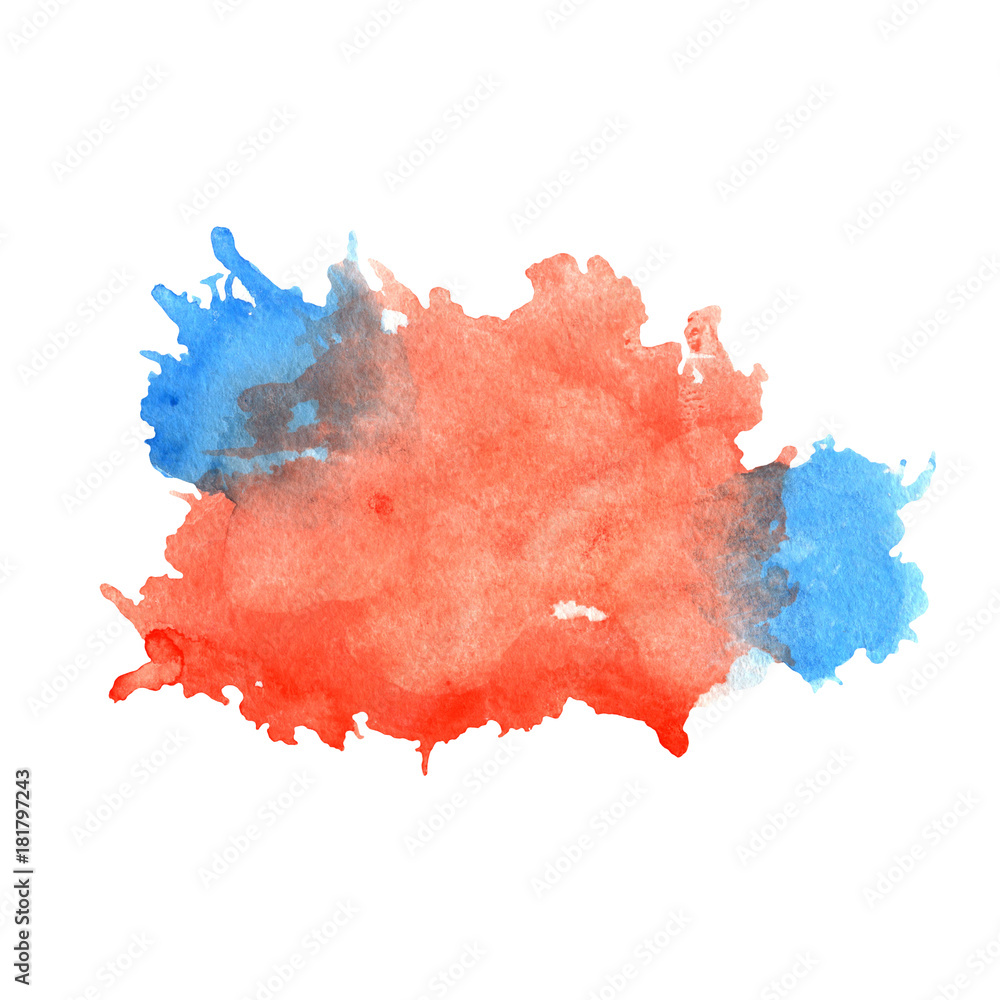 Watercolor red and blue stain with blots, paper texture, isolated on a white background