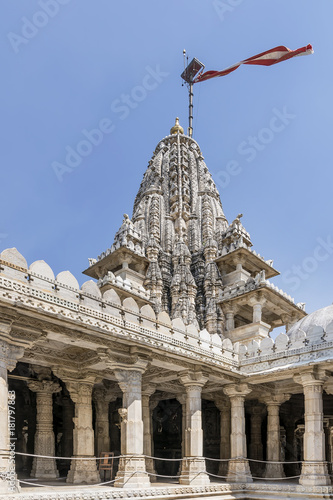 Waving flag on top of the Ranakpur Jain Temple, Rajasthan, India