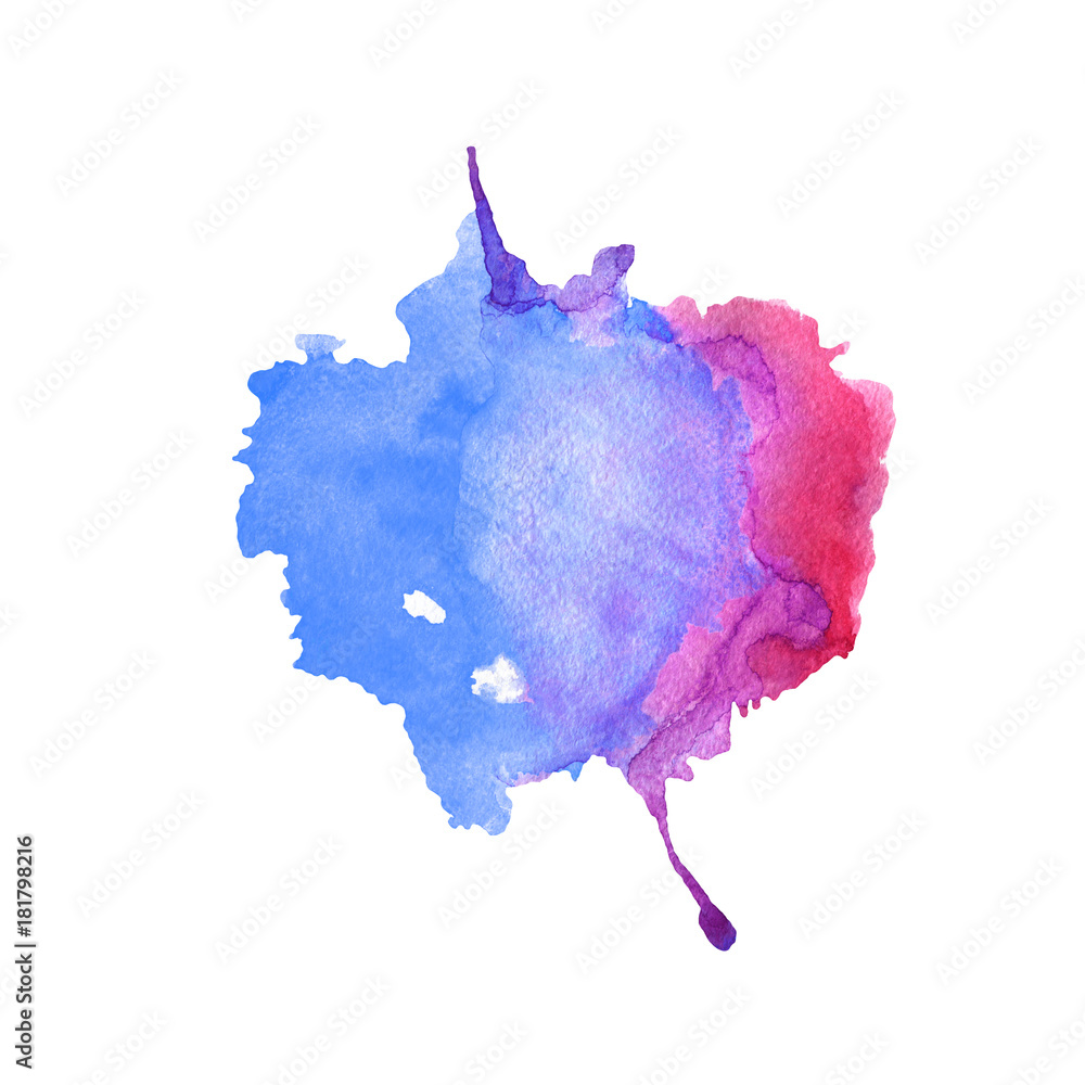 Watercolor blue and crimson stain with blots, paper texture, isolated on a white background