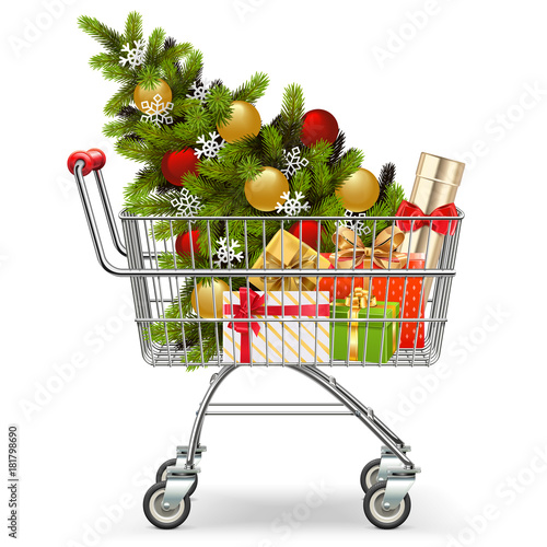 Vector Supermarket Cart with Christmas Tree