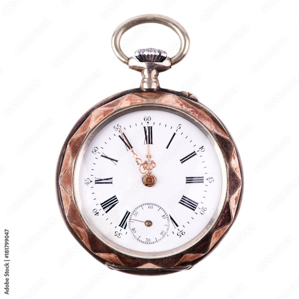 Alte Taschenuhr isoliert, weißer Hintergrund Alte Taschenuhr isoliert, weißer Hintergrund