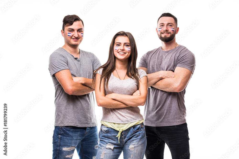 Group of football fans support Argentina national team on white background. Football fans concept. Group of football fans support Argentina national team on white background. Football fans concept.