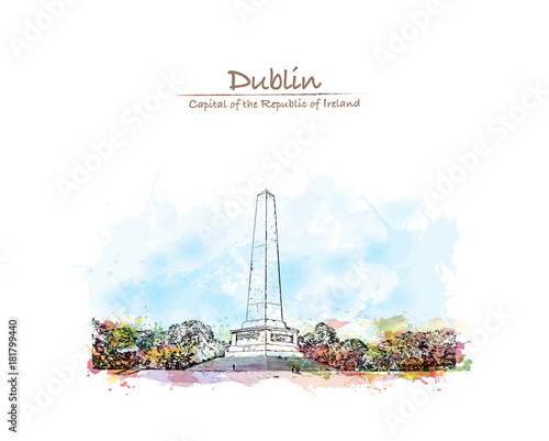 Watercolor splash with sketch of The Wellington Monument, or more correctly the Wellington Testimonial, is an obelisk located in the Phoenix Park, Dublin, Ireland in vector illustration.