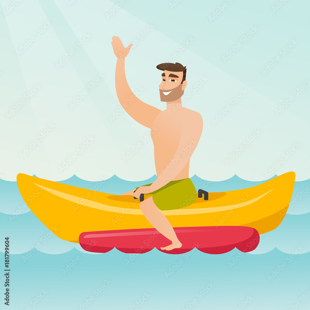 Young happy caucasian white man riding a banana boat and waving hand. Cheerful man having fun on a banana boat in the sea. Man enjoying summer vacation. Vector cartoon illustration. Square layout.