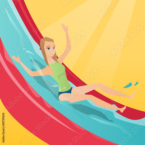 Young caucasian white woman riding down a waterslide in aquapark. Woman having fun on a water slide in waterpark. Cheerful woman going down a water slide. Vector cartoon illustration. Square layout.