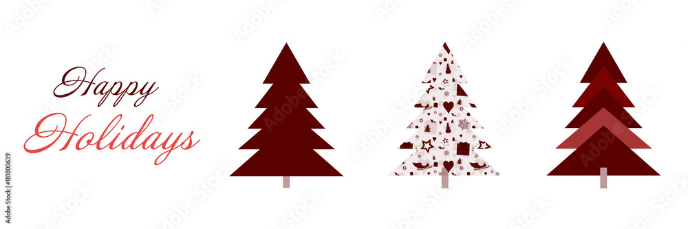 Christmas time. Christmas card with three trees in red colors. Text : Happy Holidays. Christmas time. Christmas card with three trees in red colors. Text : Happy Holidays.