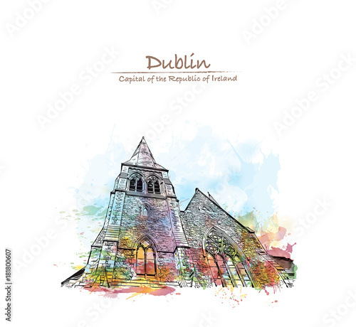 Watercolor splash with sketch of the Church of Ireland is a Christian church in Dublin, Ireland and a. It is organized on an all-Ireland basis and is the second-largest Christian church in vector.