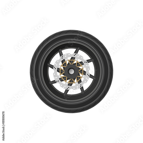 Detailed drawing of motorcycle wheel. Realistic image of detail of bike. Part of vehicle mechanism. Vector illustration
