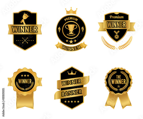 Elegant premium winner golden and black labels. Banners element vintage design. Vector illustration