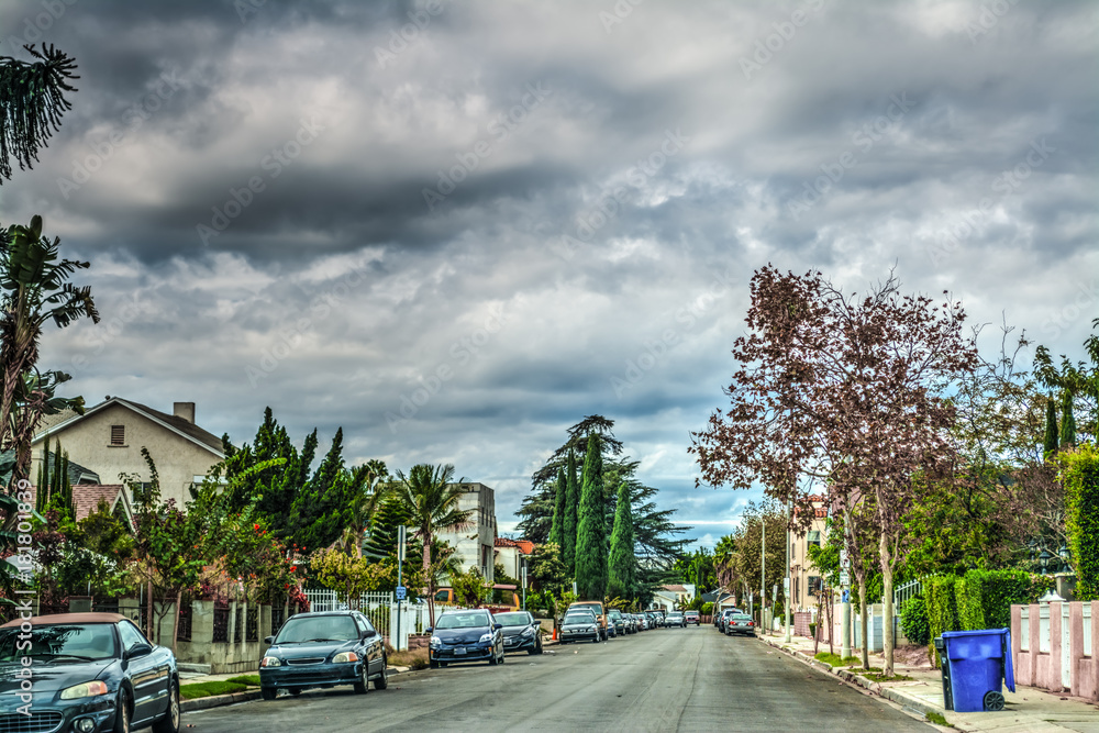 Suburbs in Los Angeles under a cloudy sky